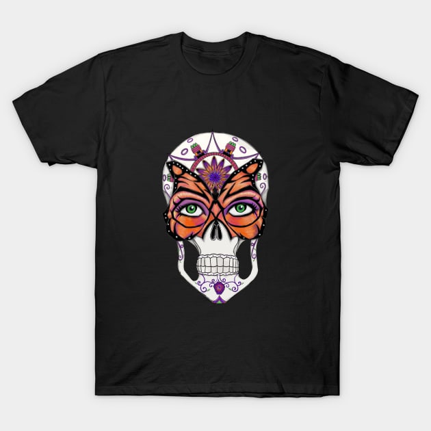 Female Sugar Skull Monarch Butterfly T-Shirt by Freakquencys